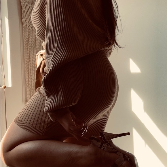 Love Tree Dresses & Skirts - Tan ribbed cross wrap sweater dress